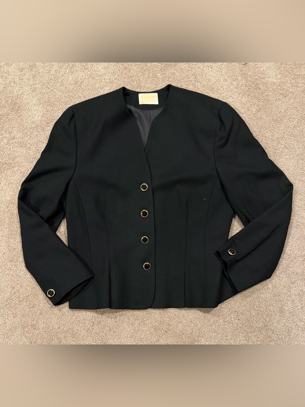 Vintage Pendleton Black Wool Jacket 14 USA Collarless Gold Buttons